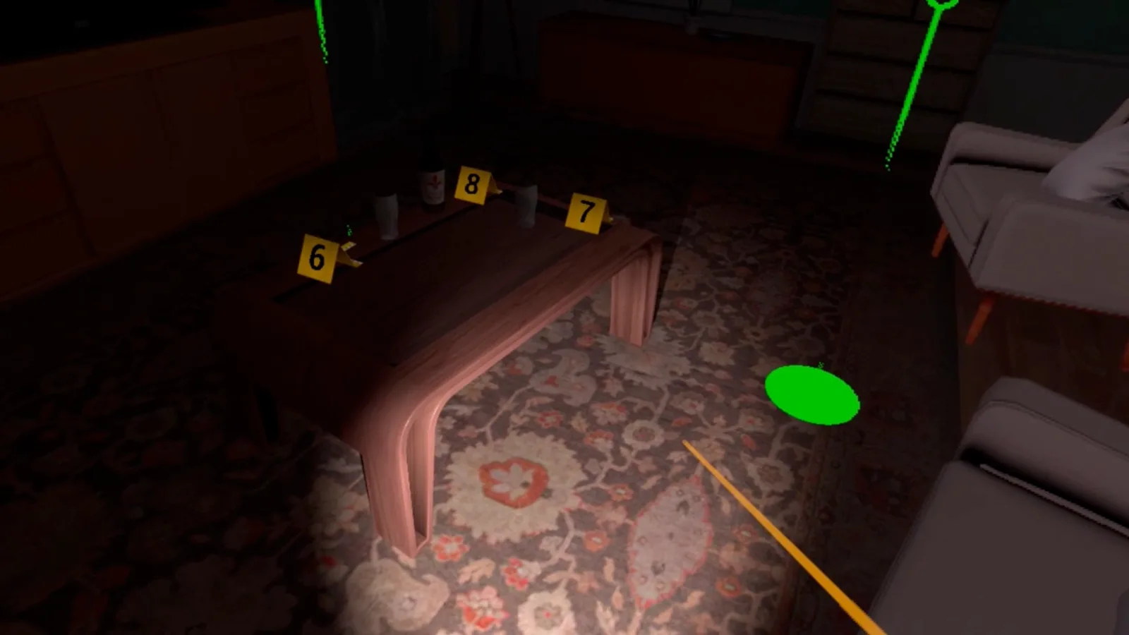 Des cavaliers numérotés posés au sol près des indices, dans la maison en réalité virtuelle