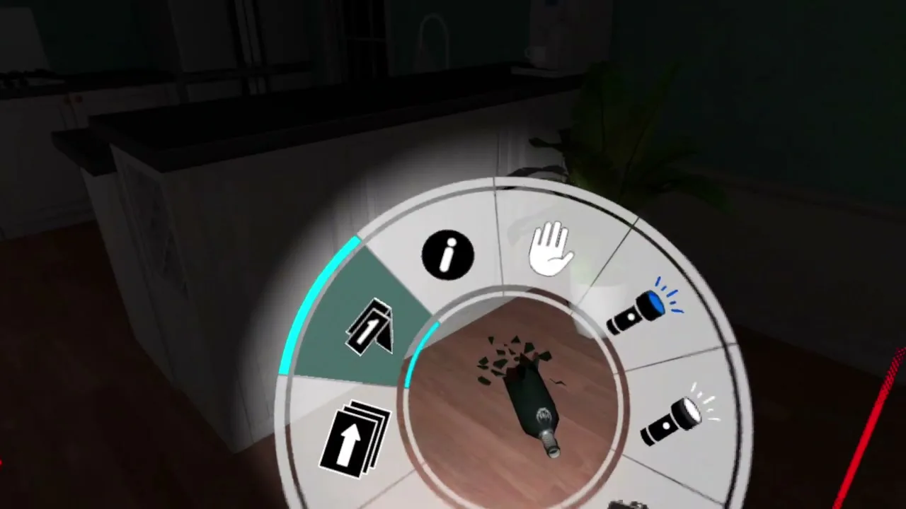 Le menu radial du matériel, ouvert d'un geste au poignet, dans la maison en réalité virtuelle