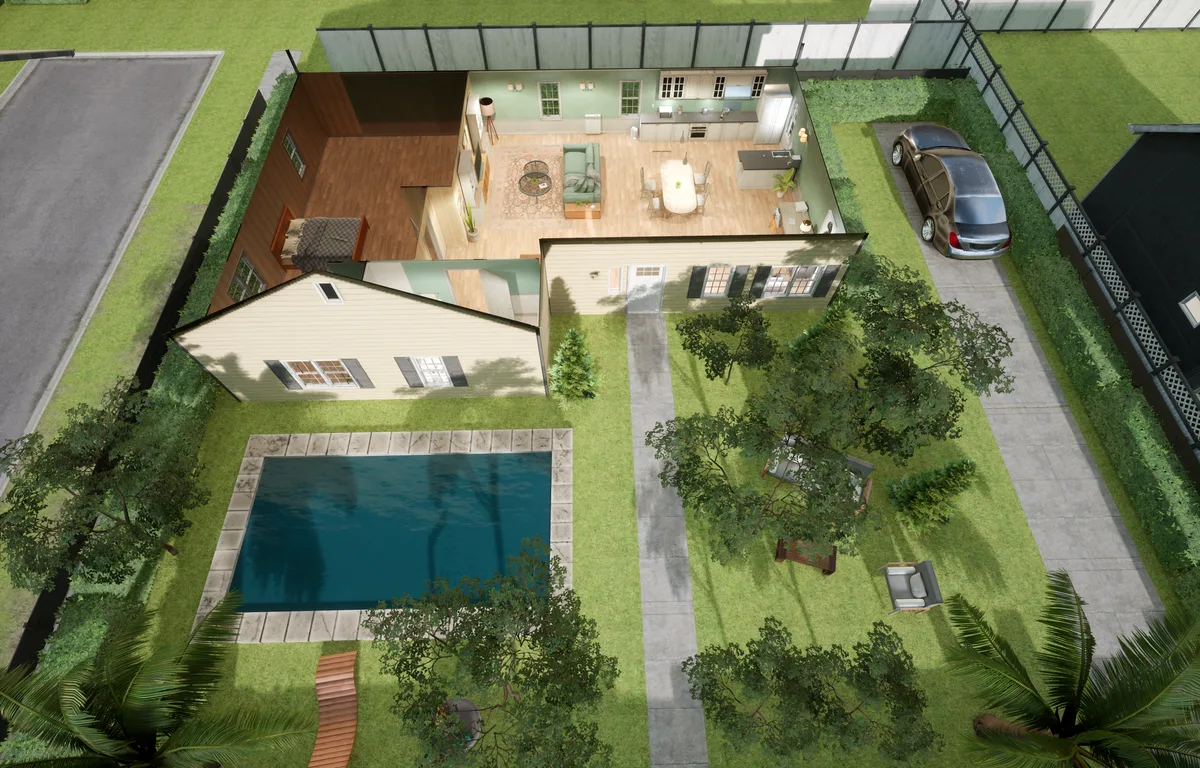 La maison de la scène de crime vue du dessus, avec son jardin et sa piscine, en réalité virtuelle
