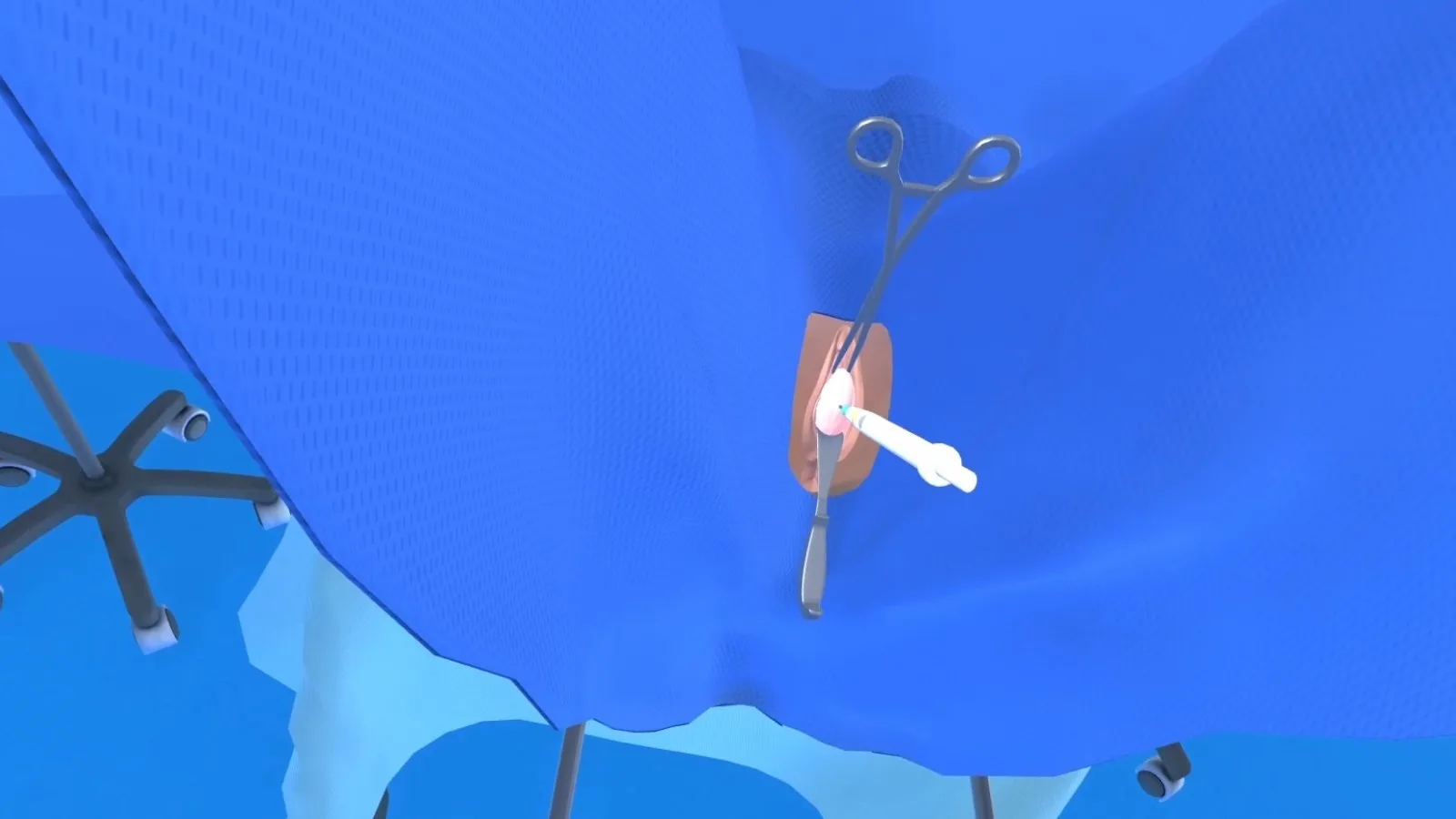 Simulation en réalité virtuelle : les instruments en place sous le champ opératoire, en mode guidé