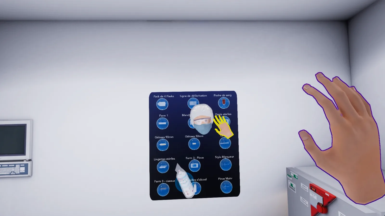 En réalité virtuelle, l'avatar du second technicien choisit son matériel au tableau, à côté de la main du premier