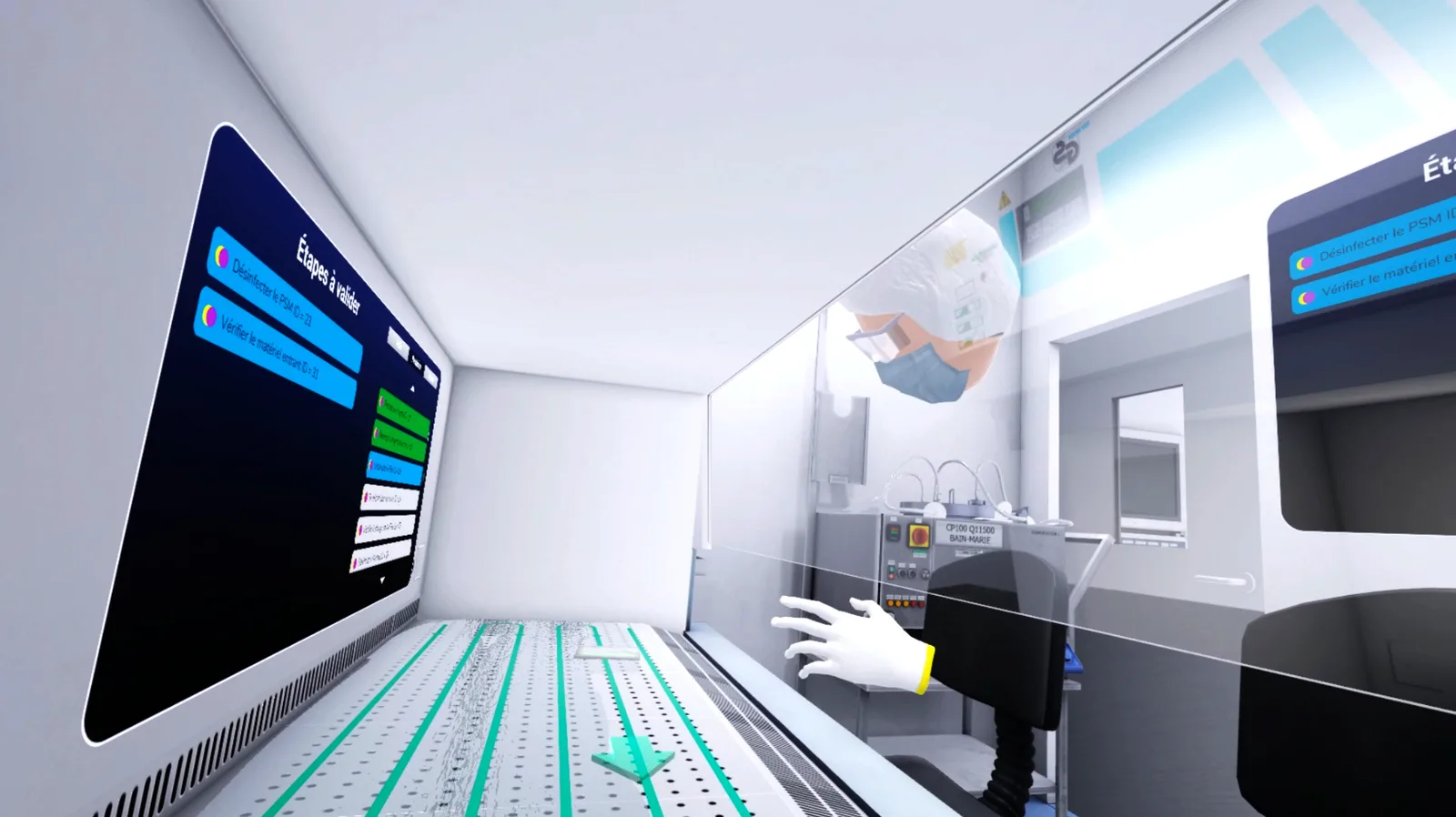 En réalité virtuelle, le panneau des étapes à valider s'affiche à côté du poste de sécurité microbiologique, pendant que le second technicien travaille en face