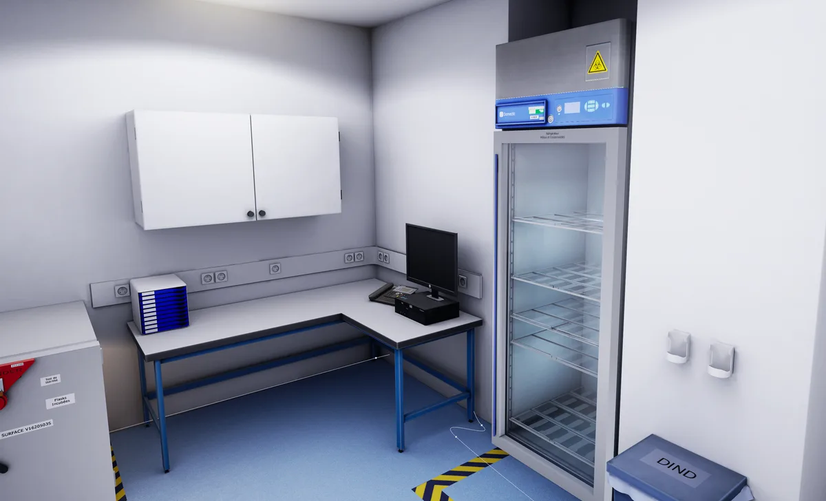 Salle de production reconstituée en réalité virtuelle : paillasse, armoire et réfrigérateur