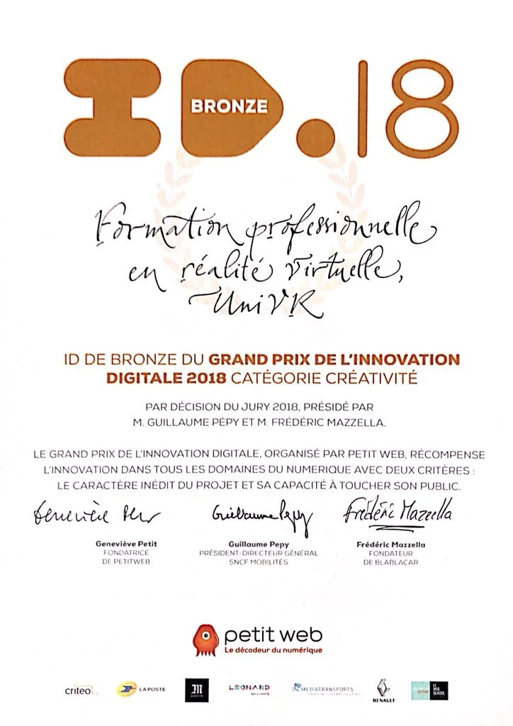 Diplôme de l'ID de bronze du Grand Prix de l'innovation digitale 2018, catégorie créativité.