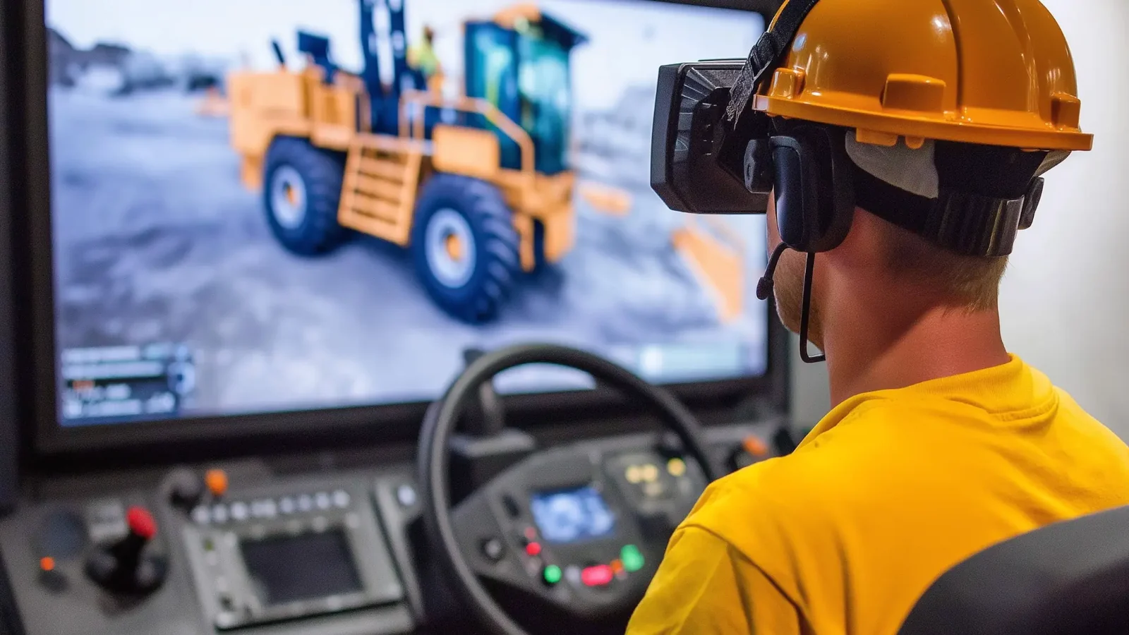 Un technicien casqué s'entraîne sur un simulateur de conduite d'engin en réalité virtuelle